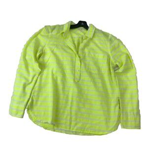 J. Crew Womens Shirt Neon Green W/ White Strip S Half Button Pocket Long Sleeve